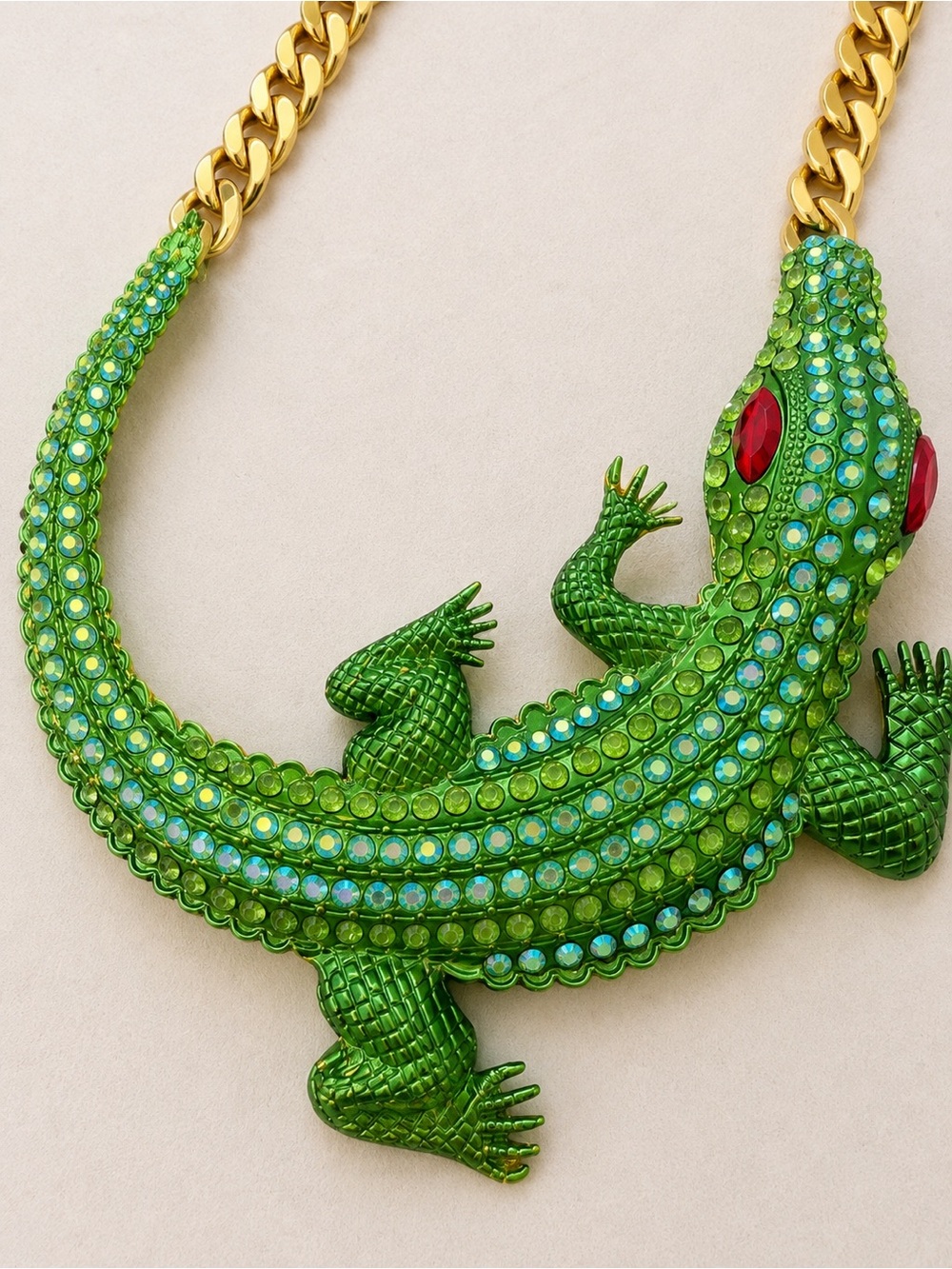 Oversized Green Rhinestone Crocodile Alligator Statement Necklace on Gold Chain - Picture 2 of 5